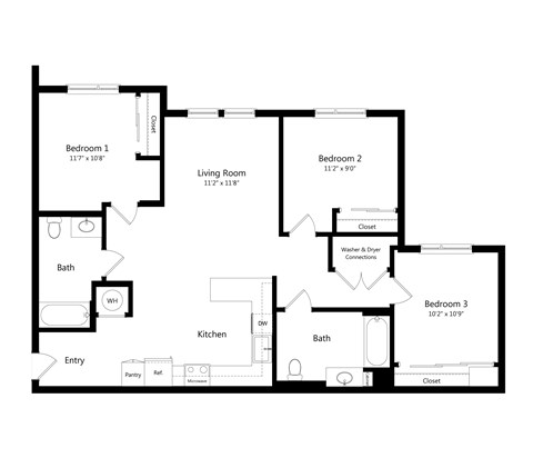 Floor plan for 3 beds, 2 baths, 1149 sqft